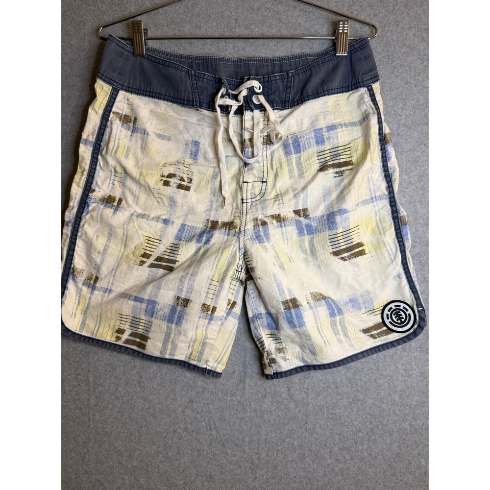 Element Mens Y2K Board Shorts Size 32 Plaid Blue Yellow Cotton Surf Skate